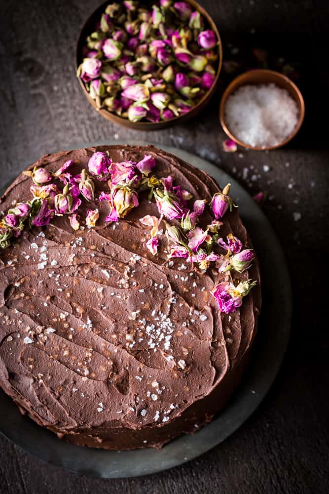 Dark Chocolate Cake with Ganache Frosting and dried roses