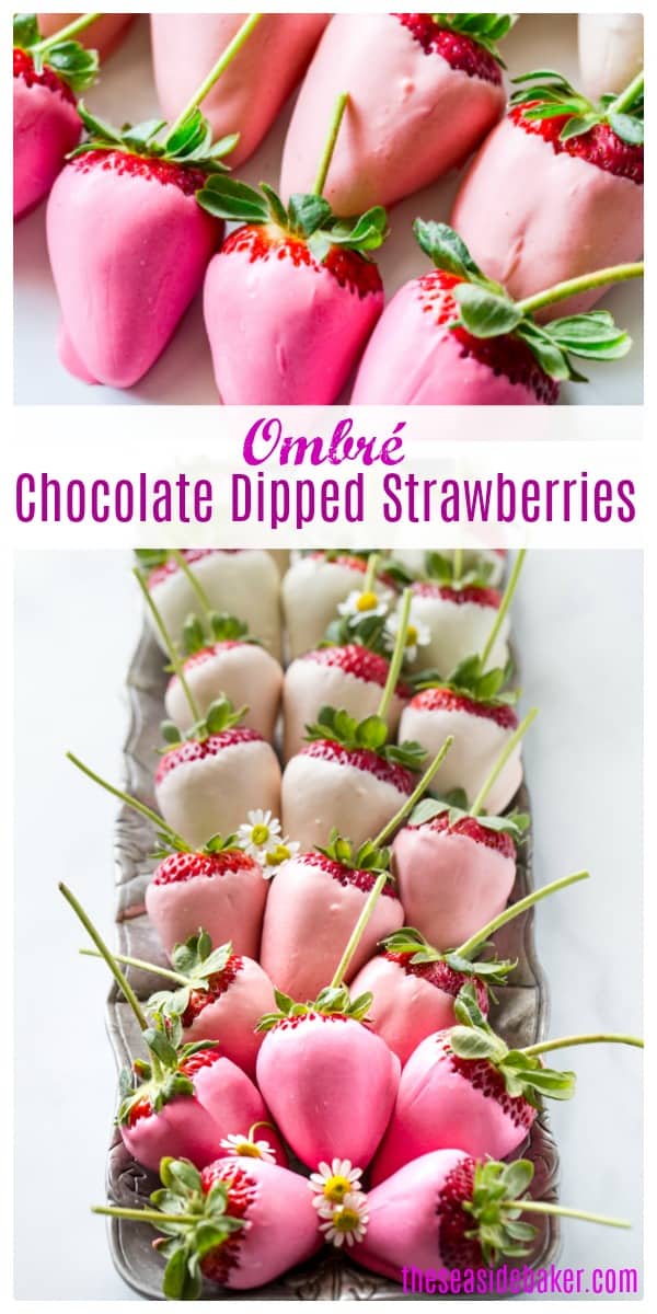 Ombre White Chocolate Covered Strawberries are elegant, delicious and surprisingly easy to make. The white chocolate creates a lovely pink ombre effect that puts a unique and modern twist on a classic Valentine's Day dessert. A truly show-stopping presentation - perfect for entertaining or as a special homemade gift. | #TheSeasideBaker #valentinesday #chocolatecoveredstrawberries #chocolate