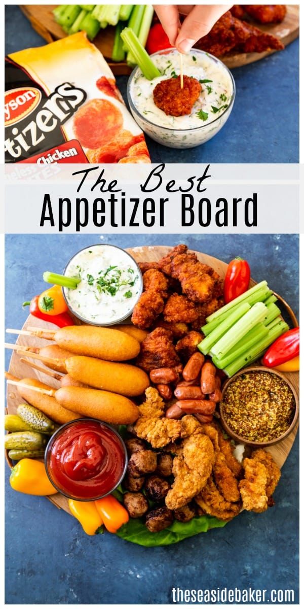 An epic game day appetizer board that includes the very best of the best game watching fare! You'll love these fantastic, flavorful and fun finger foods! AD After all who doesn't love food on a stick! Plus there's something for everyone: Teriyaki and Pineapple Meatballs, Corn Dogs, Boneless Chicken Bites, Crispy Chicken Strips, and Smoked Sausages - not to mention veggies and a delectable homemade ranch dip | #TheSeasideBaker #appetizers #superbowlpartyfood #footballfood