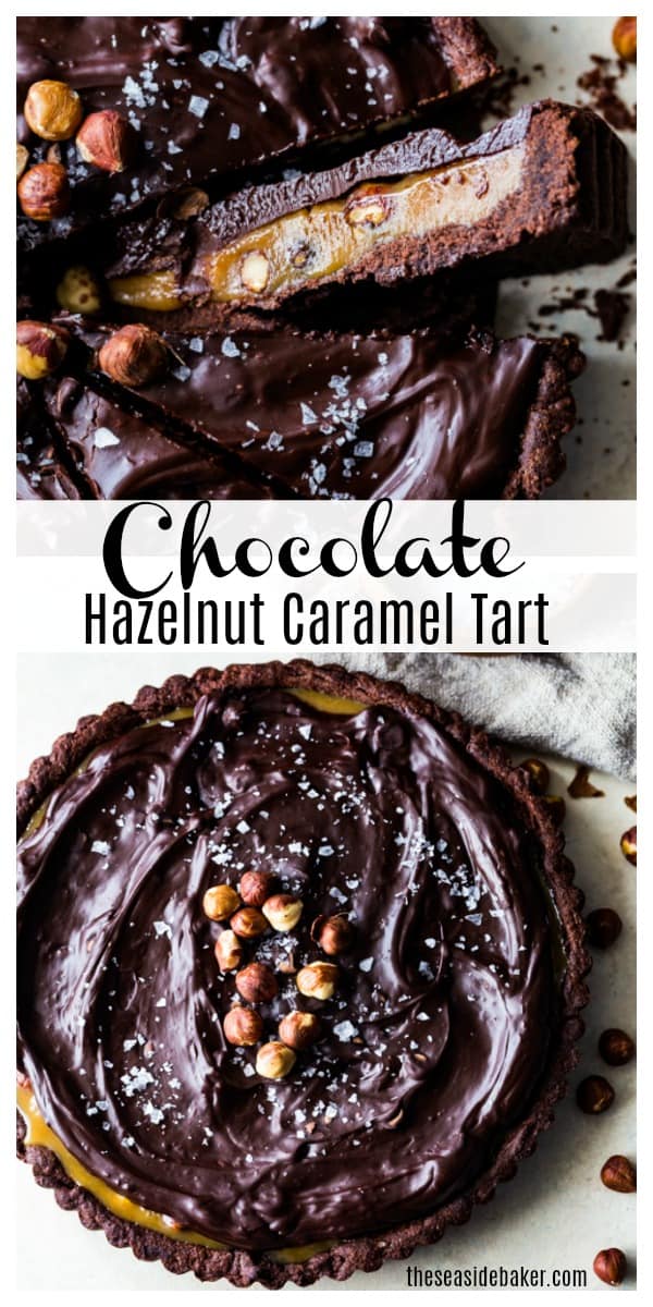 Celebrate this Valentine's Day in style by serving up this utterly sophisticated Chocolate Hazelnut Caramel Tart. With a delectable chocolate shortbread crust, luscious caramel filling, toasted hazelnuts, and decadent chocolate ganache, this Chocolate Hazelnut Caramel Tart truly is the ultimate indulgence. | #chocolate #tart #valentinesday