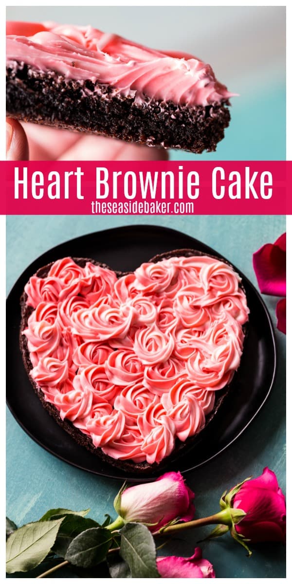Nothing says Valentine's Day like hearts, chocolate and roses. And this stunning Heart Brownie Cake combines all three. It's rich, decadent and definitely chocolately. The beautiful rose-inspired cream cheese frosting only looks complicated; it's actually quite easy to do! | #TheSeasideBaker #ValentinesDayDessert #Chocolaterecipes #brownies