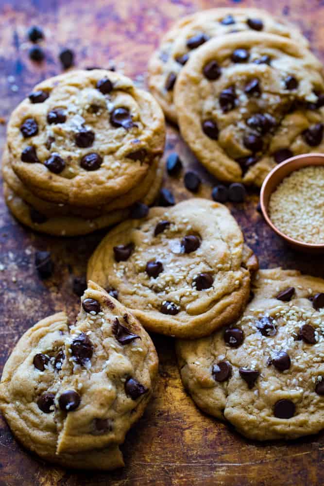 Tahini Chocolate Chip Cookies with sesame seeds