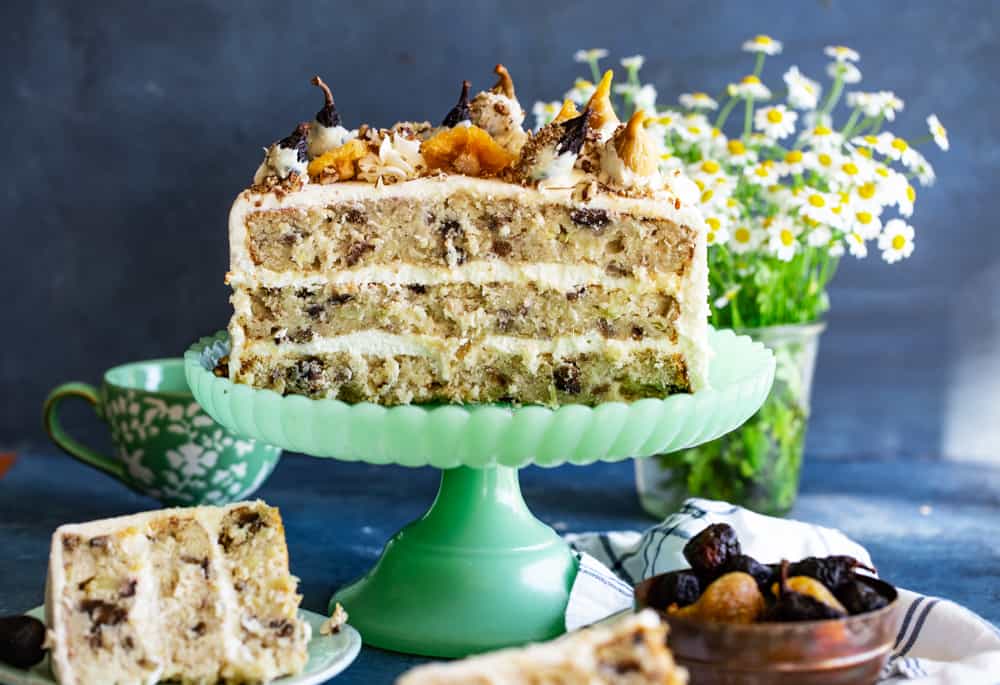 Hummingbird Cake with dried figs and pineapple flowers