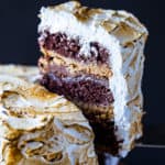 S'mores Cake- chocolate cake with graham cracker bottom and marshmallow frosting