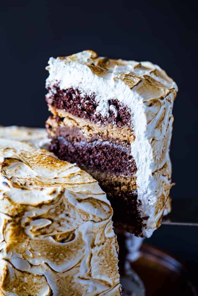 S'mores Cake- chocolate cake with graham cracker bottom and marshmallow frosting