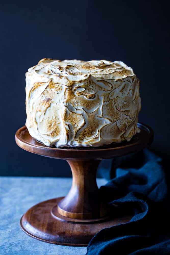 S'mores Cake- chocolate cake with graham cracker bottom and marshmallow frosting