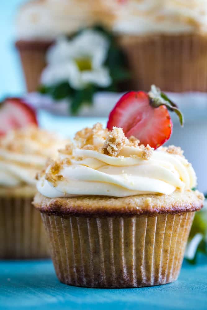 Close up shot of the cupcake with frosting, graham cracker crumbs, and a fresh strawberry. 