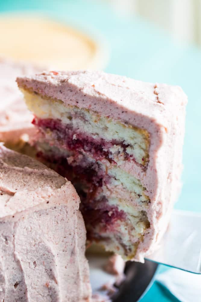 slice of strawberry rhubarb layer cake