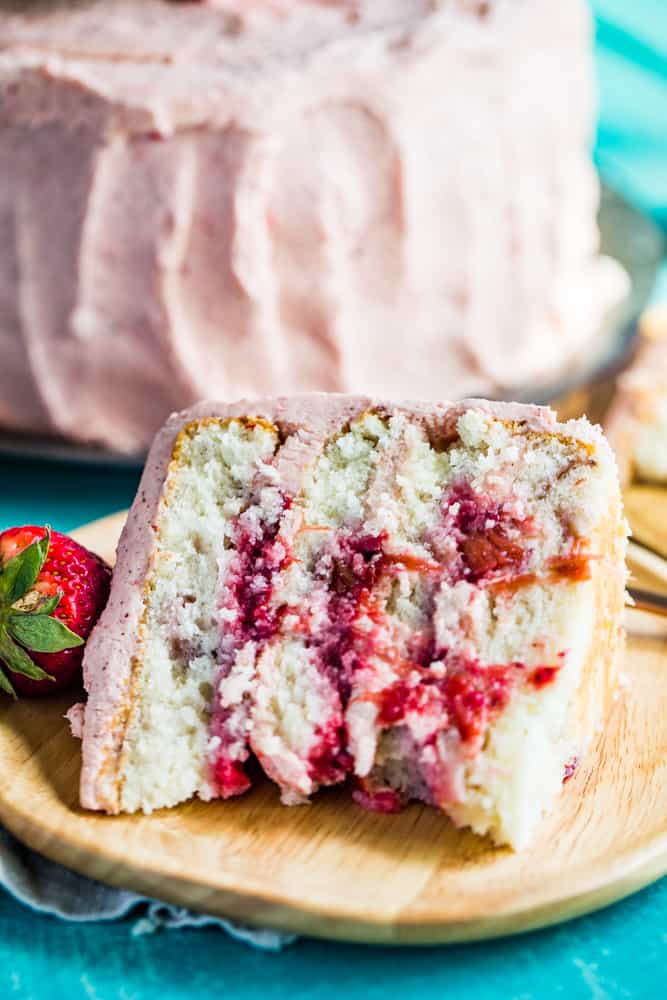 slice of strawberry rhubarb layer cake