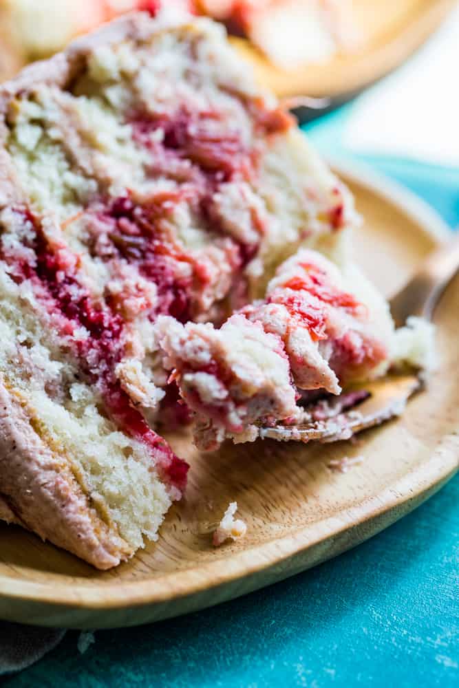 slice of strawberry rhubarb layer cake