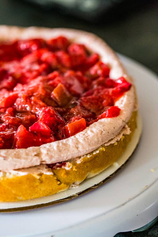 strawberry rhubarb filled layer cake