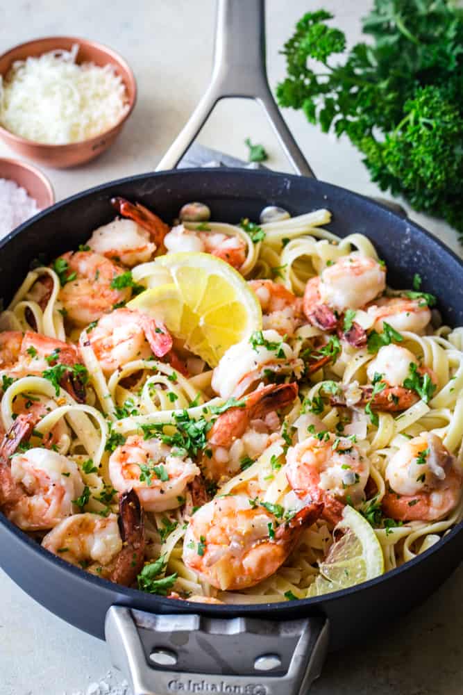 cooked in a pan shrimp scampi