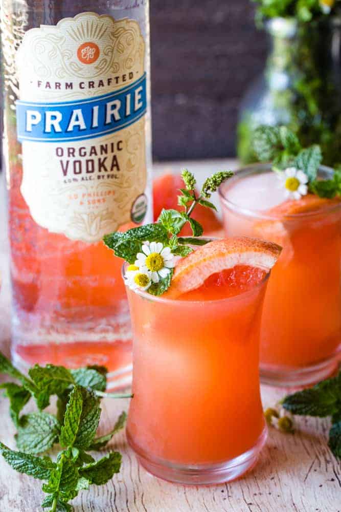 mint grapefruit vodka cocktail with vodka bottle