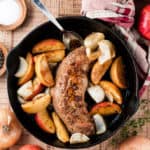 pork tenderloin in pan with apples