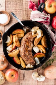 pork tenderloin in pan with apples