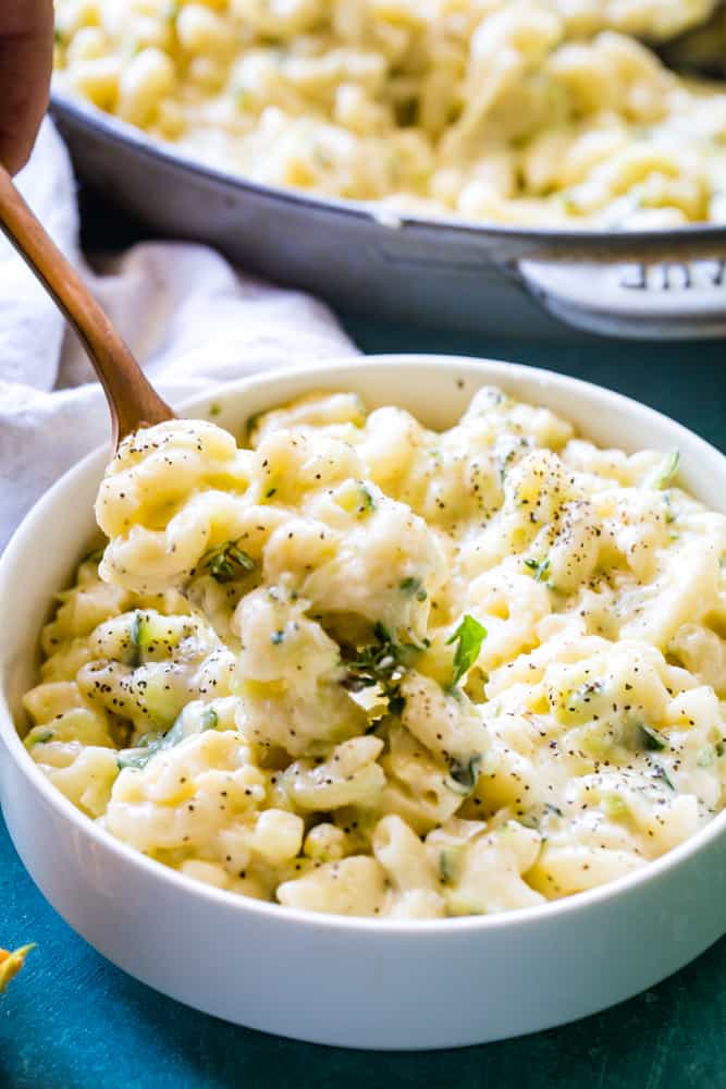 bowl of zucchini Mac and cheese