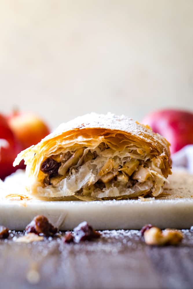 inside of the apple strudel with phyllo dough