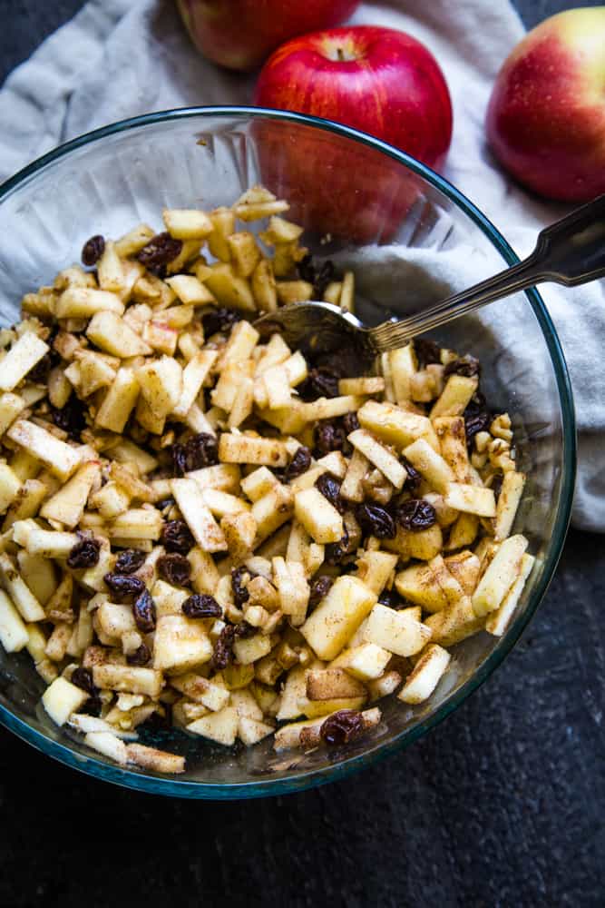 apple strudel with phyllo dough filling of apples nuts and raisins