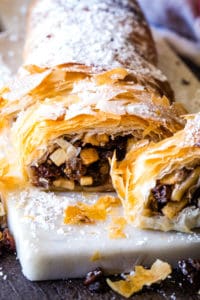 slices of apple strudel with phyllo dough and log