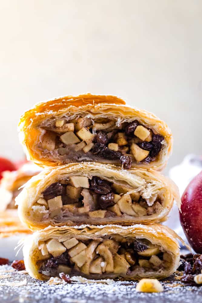 stacked slices of apple strudel with phyllo dough