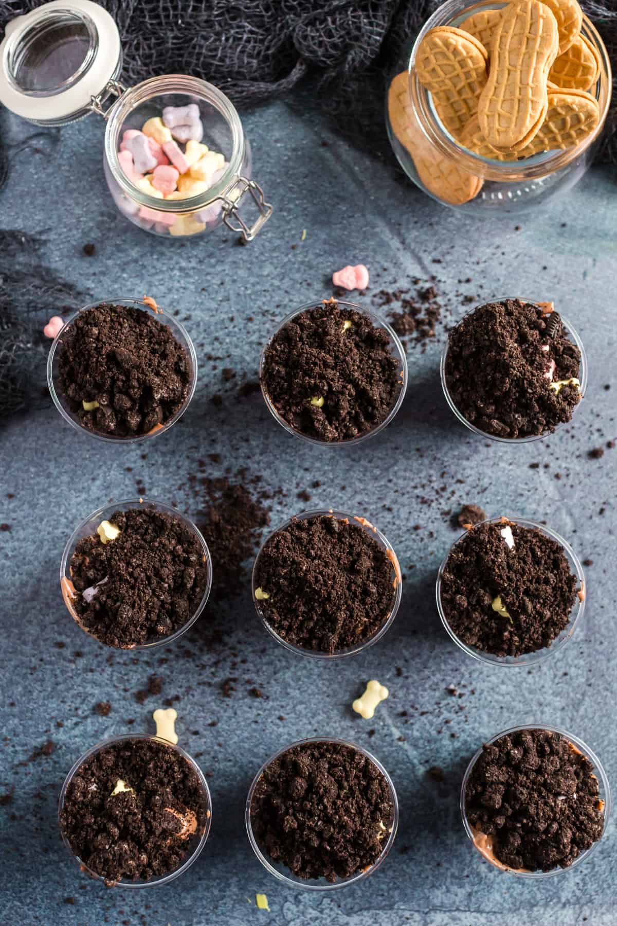 Overhead shot of 9 pudding cups with cookie crumble on blue background. 