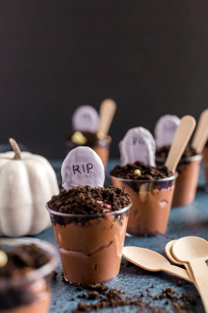 graveyard pudding cups with white pumpkin