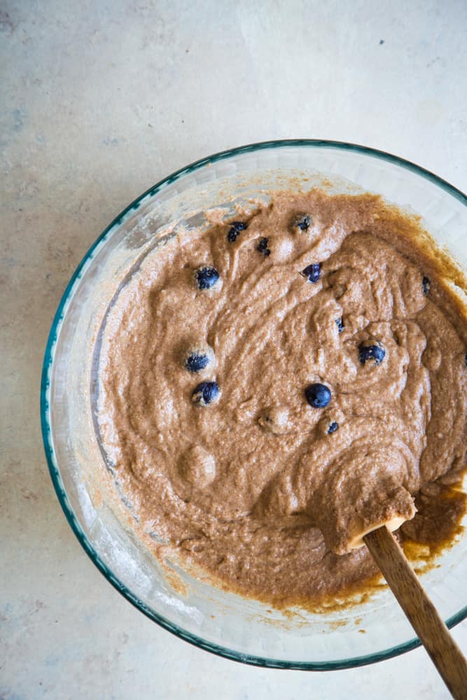 batter of low fat blueberry muffins