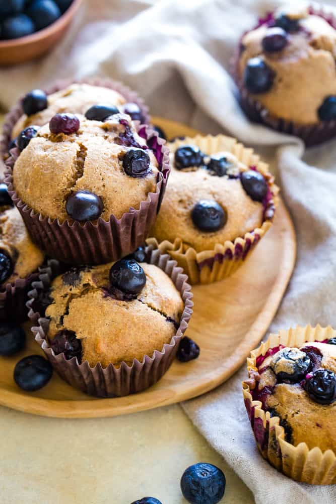 plate full of low fat blueberry muffins