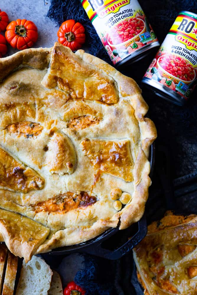 halloween face pie dip with cans of rotel