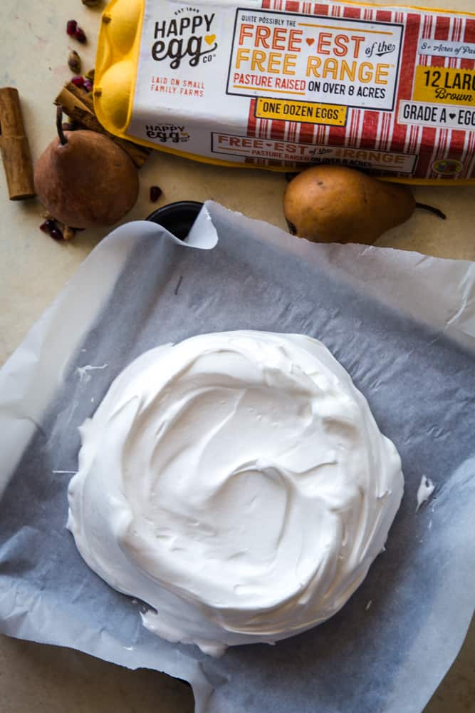 the pre-baked pavlova with pomegranate pears