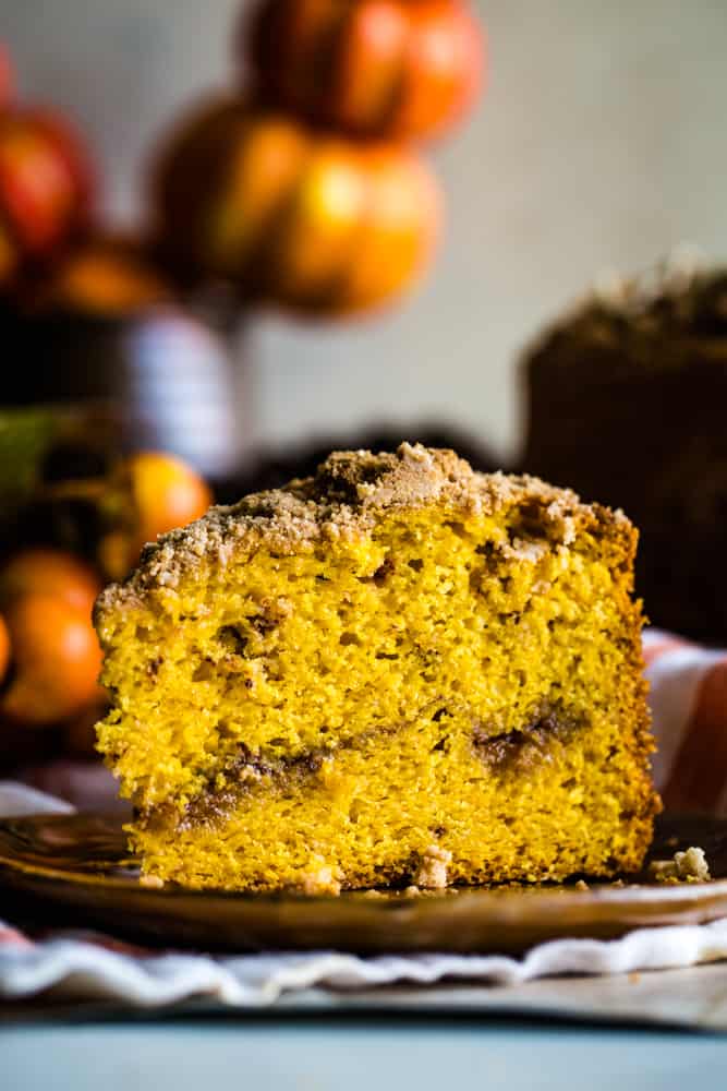 slice of pumpkin coffee cake on plate