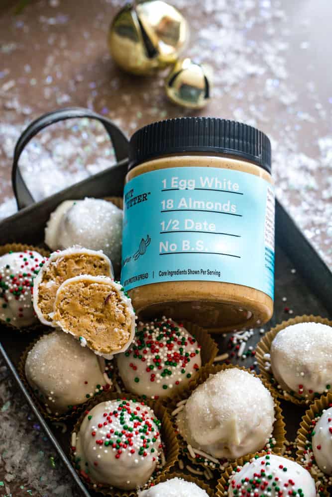 tray of vanilla almond butter truffles and a jar of rx nut butter