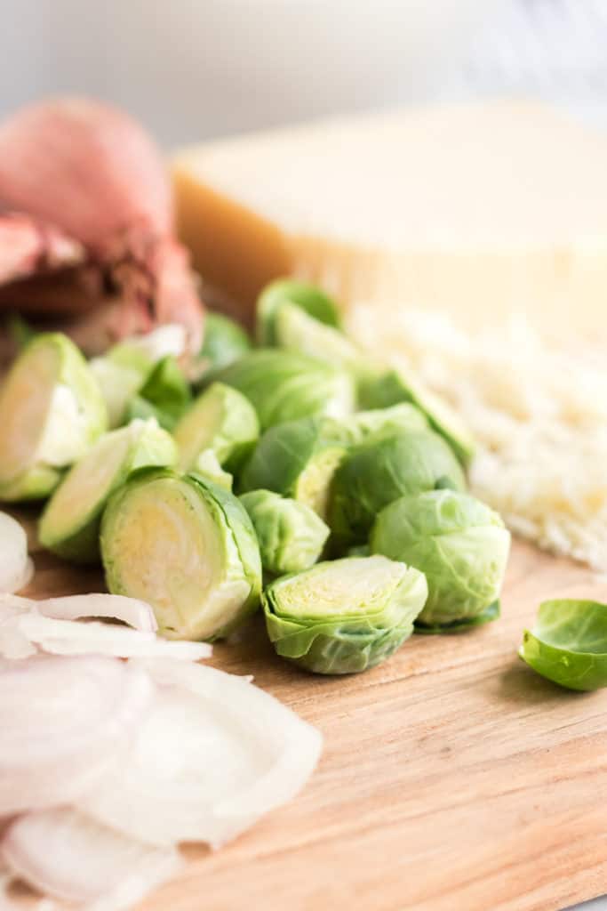 ingredient prep for brussels sprouts au gratin