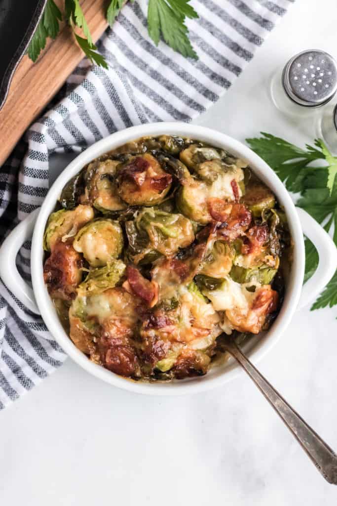 brussels sprout casserole in serving dish