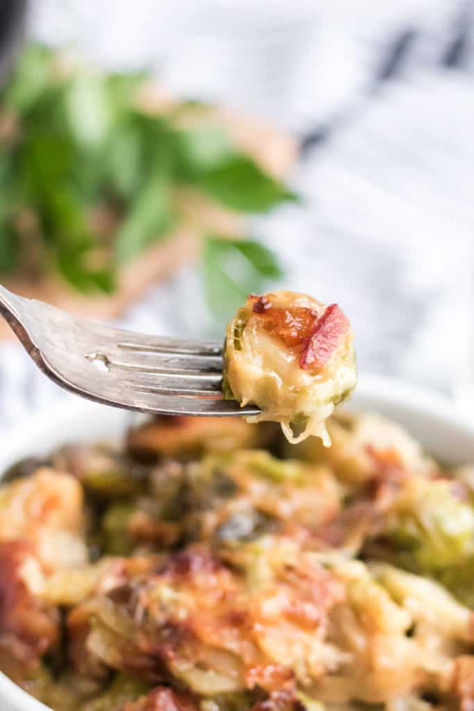 brussels sprouts au gratin in a bowl with fork