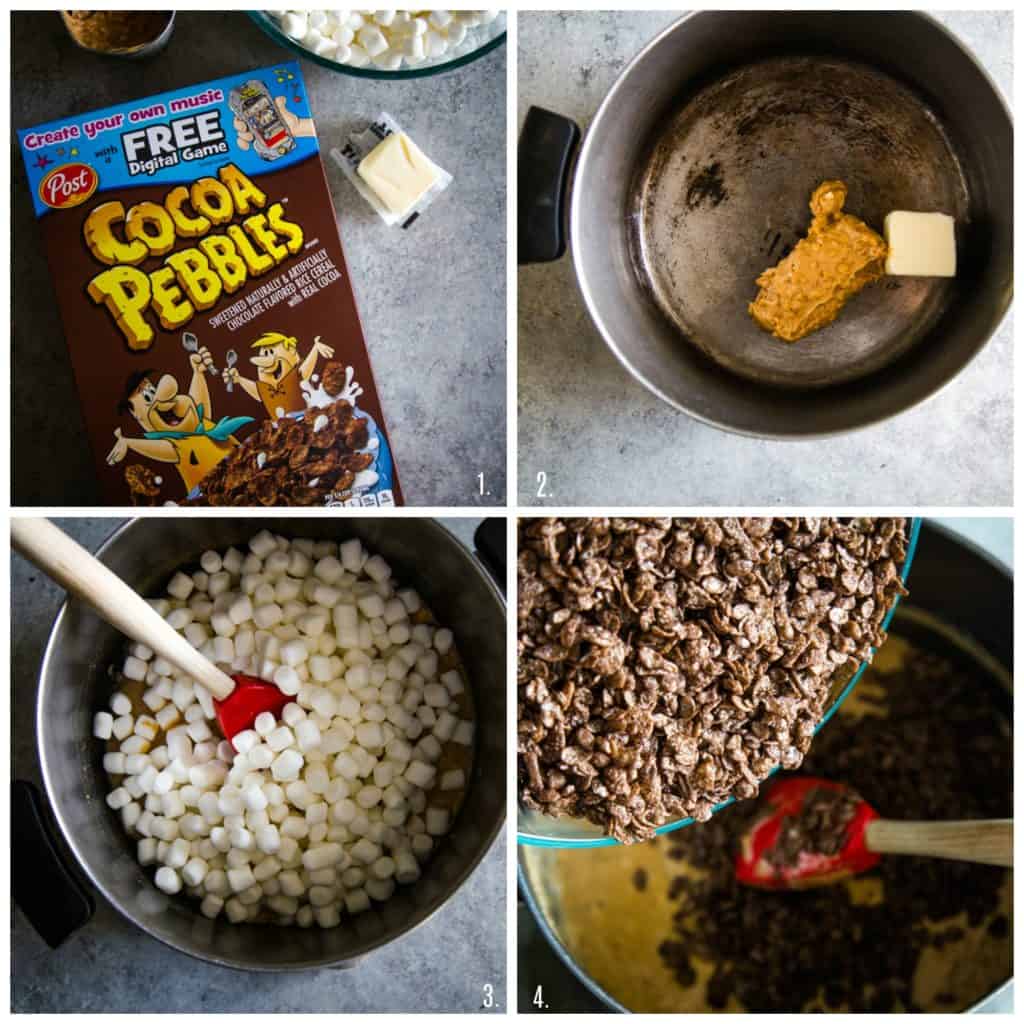 A collage of photos on how to make chocolate peanut butter squares.