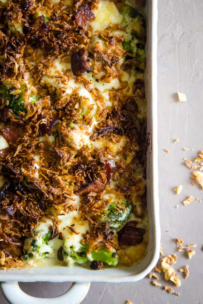 pan of gruyere broccoli casserole 