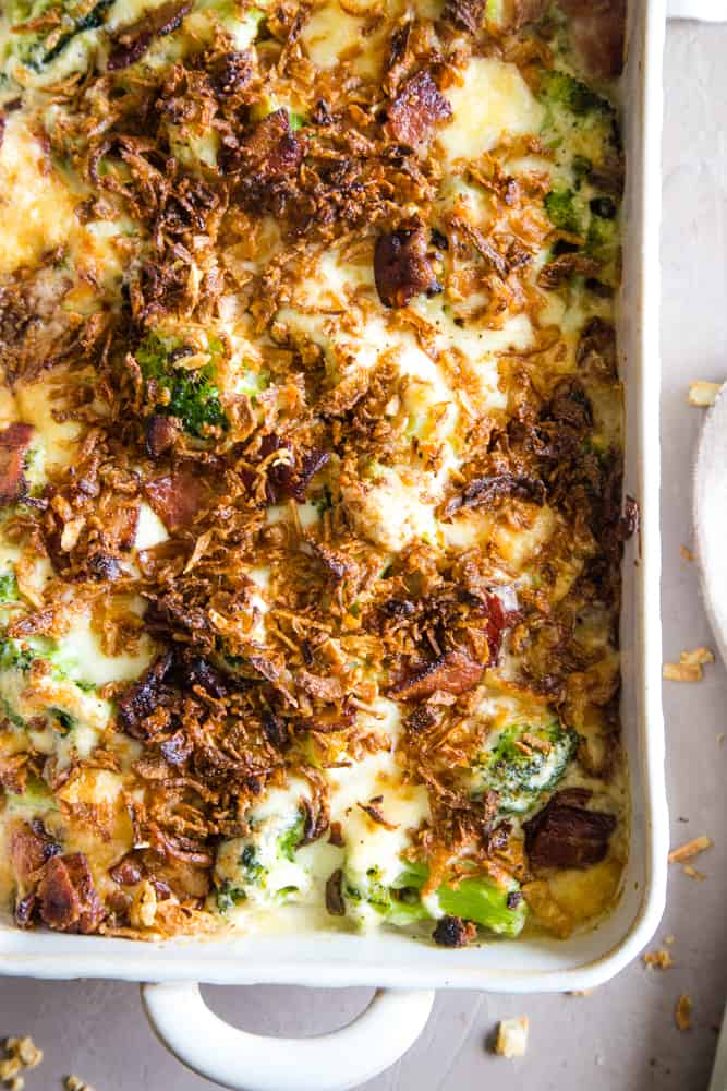 up close photo of gruyere broccoli casserole 