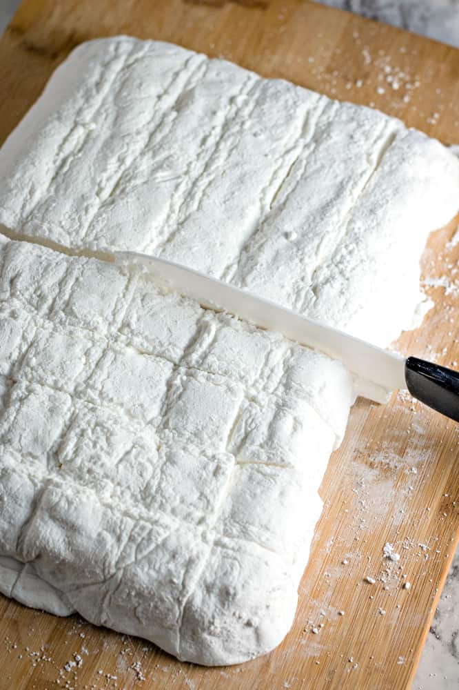 cutting marshmallows into squares