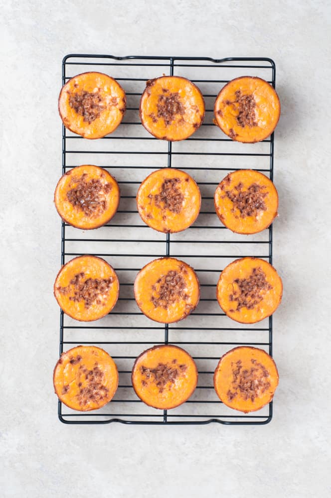 cooling rack with mini pumpkin cheesecakes