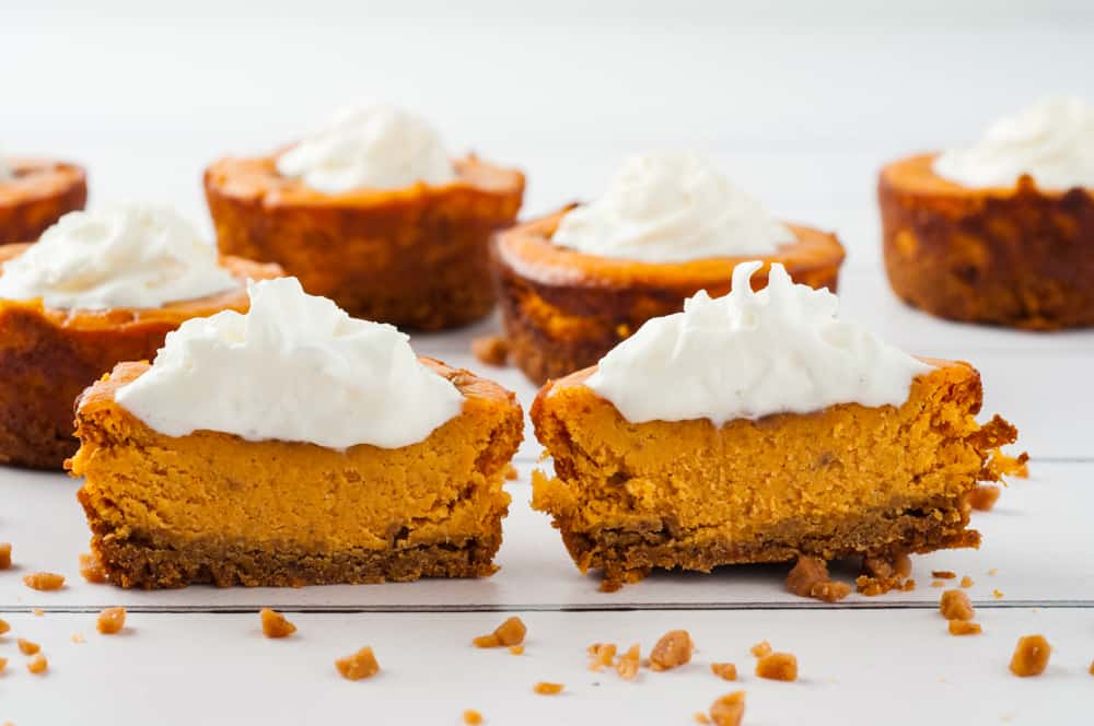 cut in half mini pumpkin cheesecakes