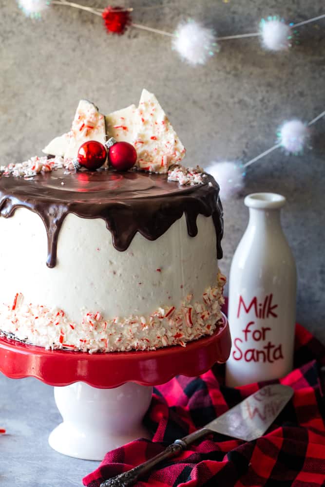 Decorated cake on a red and white cake stand with a jug of milk for Santa in the background. 