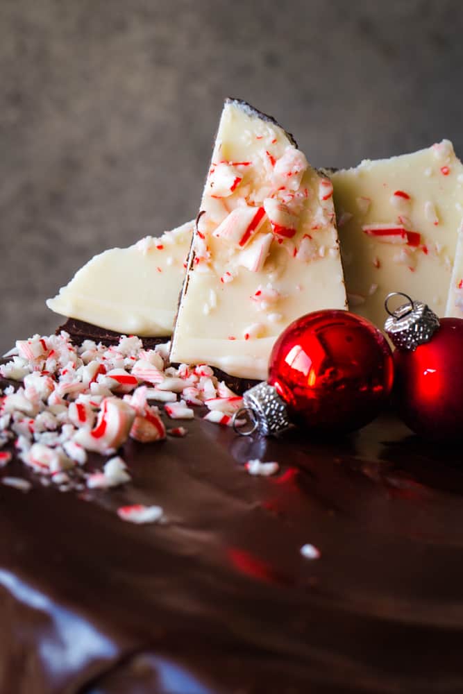 Up close photo of the peppermint bark that is stuck into the cake for decoration.