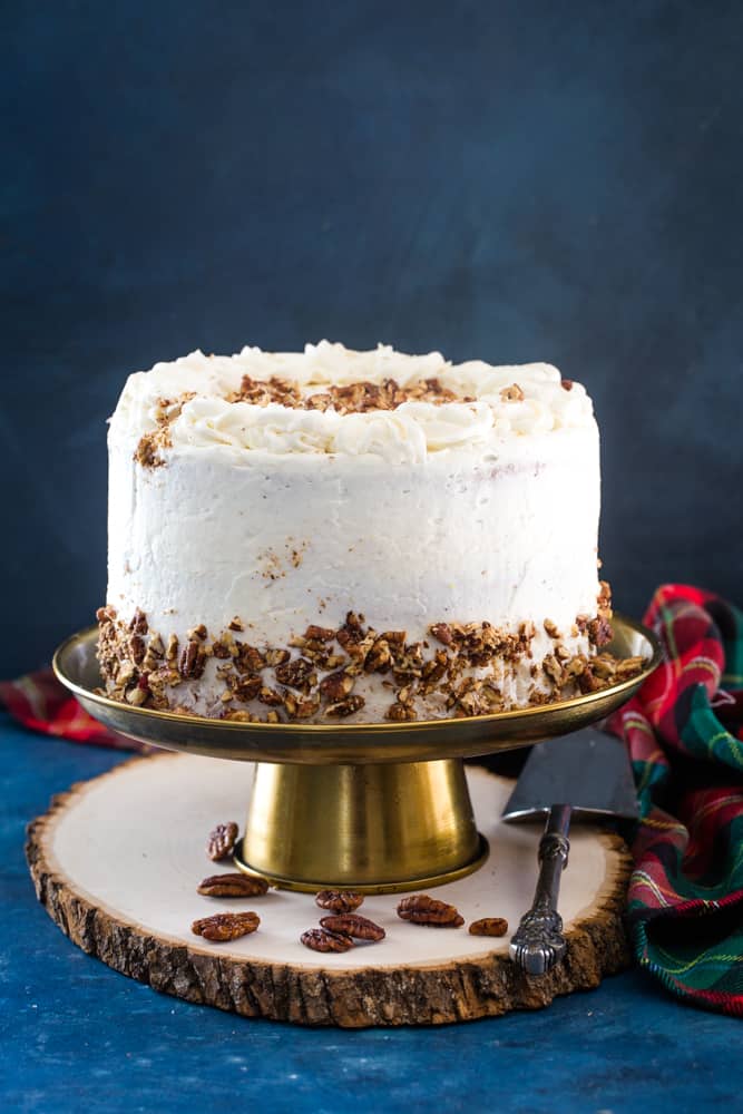 eggnog layer cake on gold  cake plate