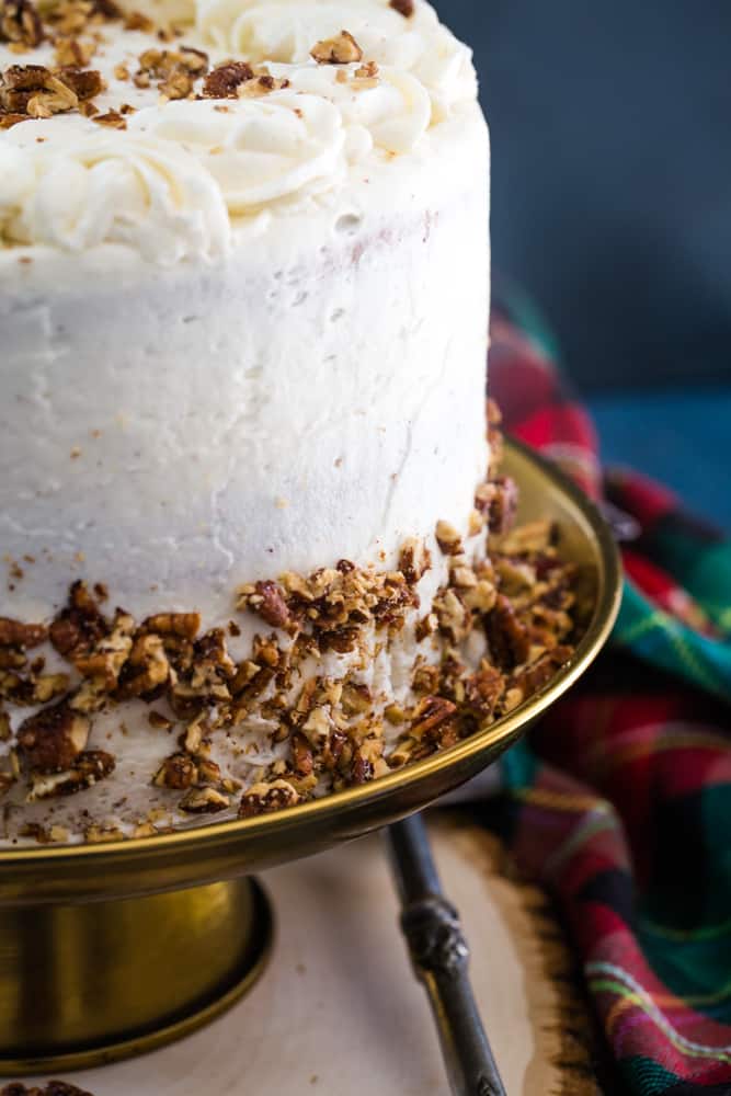 candied pecans on eggnog layer cake