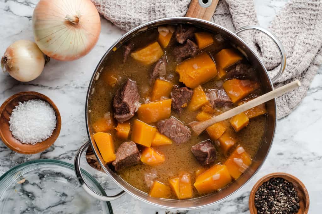 pot of butternut squash beef stew