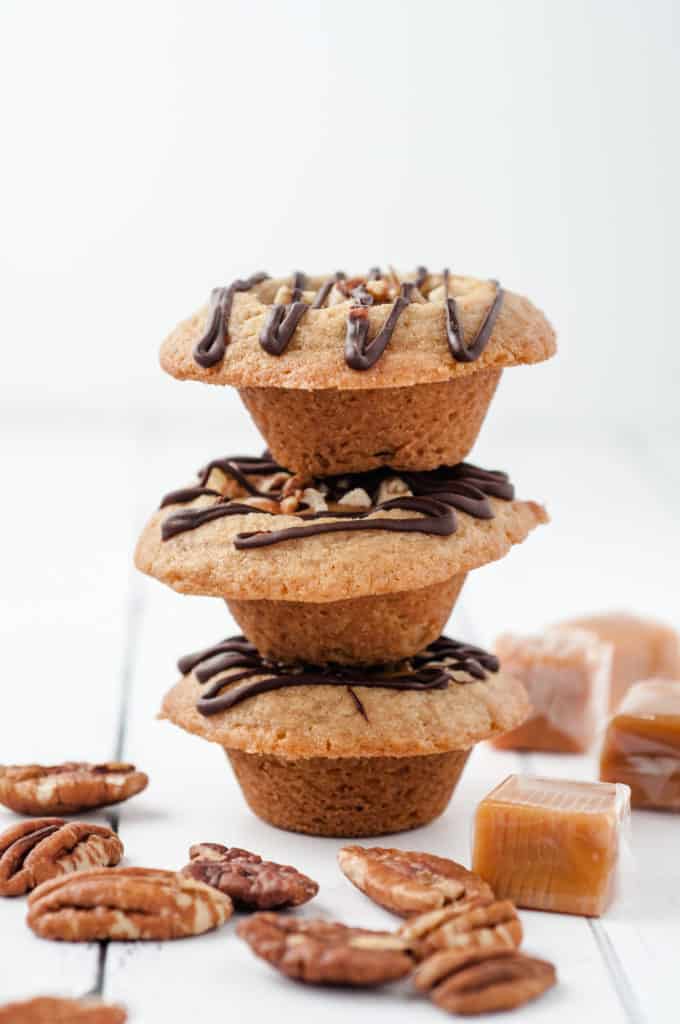 stack of 3 caramel cookie cups with pecans 