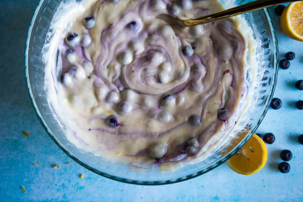 lemon blueberry bread batter in large bowl