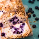 slices of lemon blueberry bread on teal background
