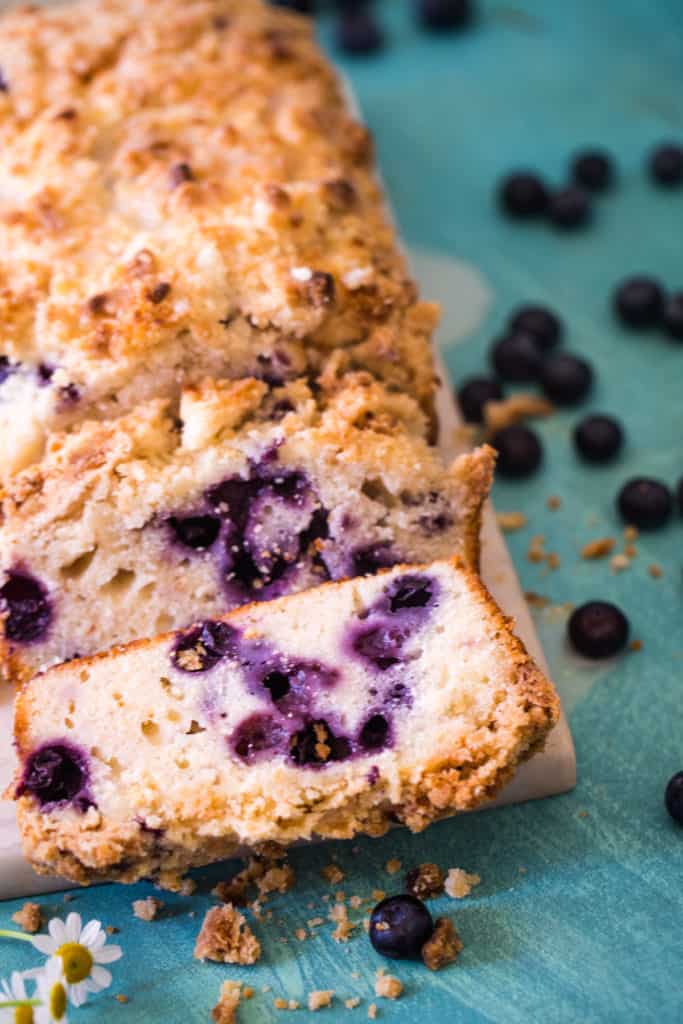 slices of lemon blueberry bread on teal background